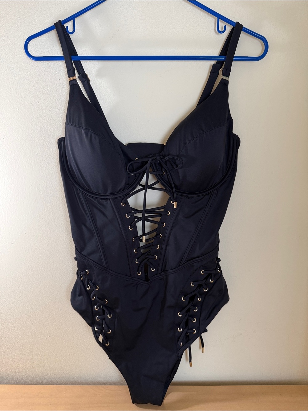Honey Birdette Iris Black Lace-Up Underwire One-Piece Swimsuit